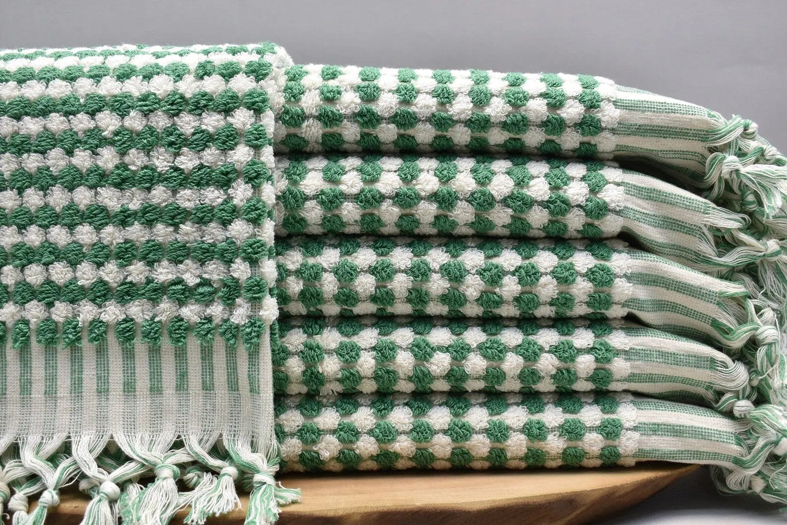 Bubble Green Terry Hand Towel Made from 100 Percent Turkish Cotton 38 Inch L x 20 Inch W with Fringe - Love Salve